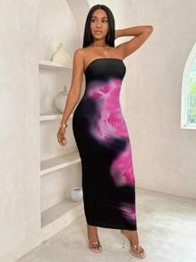 VaVaBold 女士修身露肩撞色花卉印花优雅时尚连衣裙长款女装 - 黑色 - 查看 7