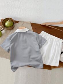 SHEIN 2 件/套年轻男孩时尚休闲校园运动绅士风格：灰色华夫格图案上衣搭配撞色白色领带装饰，抽绳腰部半弹力短裤，适合夏季户外、休闲、体育活动和摄影 - 白色 - 查看 2