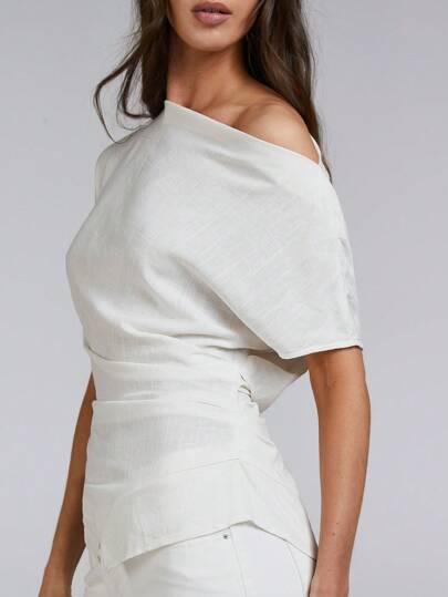 Athîral 女士休闲纯色不对称领垂褶上衣