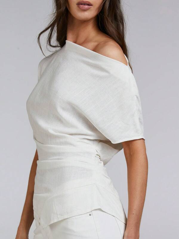 Athîral Women's Linen Look Off Shoulder Ruched Waist Top,White Tops,Four Seasons,Going Out Tops