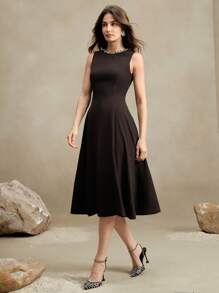 Anewsta Vestido elegante estilo francés sin mangas con cintura entallada y línea A, con cuello decorado con perlas, adecuado para ocasiones formales, primavera/verano