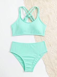 SHEIN WESTFADE Young Conjunto de bikini de unicolor con espalda cruzada para adolescentes, apto para el verano y la playa