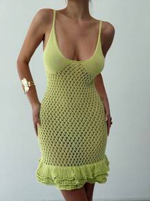 Aloruh Vestido de punto sin mangas de color liso con volante en el bajo - Verde - Ver 5