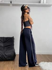 Coolane Biker Style Side Stripe Contrast Stitching Casual Textured Sweatpants Graduation,Back To School Outfits,Graduation,Teacher Outfits For Women,Back To School - Navy Blue - View 2