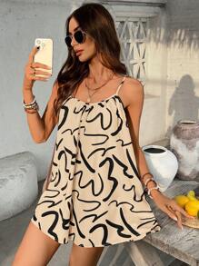 SHEIN VCAY Bộ đồ liền thân không tay rộng rãi in họa tiết hoa dệt cho kỳ nghỉ dành cho nữ, mùa xuân/hè - Màu Khaki - Xem 4