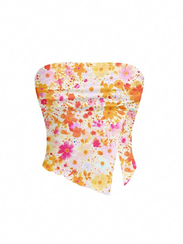 cha5rlie Women Girlcore Casual Orange & Pink Floral Print Cropped Tight-Fitting Strapless Bandeau Top, For Summer, Holiday, Vacation, Going Out, Festival