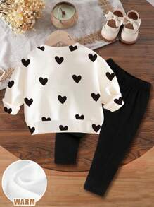 SHEIN 2pcs Baby Girl Casual Lovely Sweet Heart Pattern White Knit Soft Thick Crew Neck Long Sleeve Sweatshirt And Black Leggings Set, Suitable For Autumn/Winter
