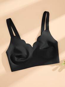 NudeFit 1 件装无缝简约波浪边纯色无钢圈聚拢全罩杯女士文胸 - 黑色 - 查看 3