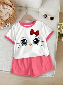 SHEIN Leap Crew Cute Cartoon Cat Face & Bow Print Young Girl Casual Minimalist Short Sleeve T-Shirt & Shorts 2 Pieces Set, Suitable For Summer - Multicolor - View 2
