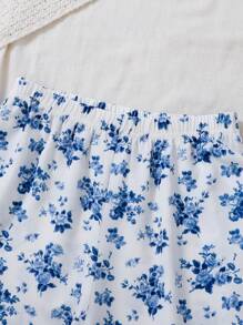 2pcs/Set Girls' Solid Color Casual Round Neck Short Sleeve Top & All-Over Blue Floral Print Loose Pants Homewear Set - Blue - View 3