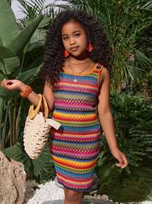 Tween Girl Tropical Textured Knit Snug Fit Dress Mommy And Me Matching Outfits (3 Pieces Sold Separately) - Multicolor - View 4