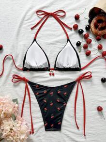 Swim Mod 女士夏季沙滩碎花吊带性感比基尼泳装套装 - 黑色 - 查看 2