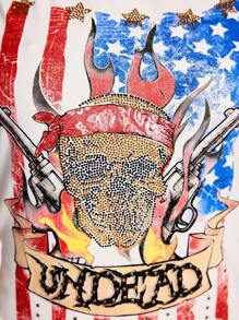 ROMWE Avant Women's Y2K Music Festival 4th Of July Asymmetric Shoulder Punk Style T-Shirt With Skull, Gun, USA Flag Rhinestone Print - White - View 5