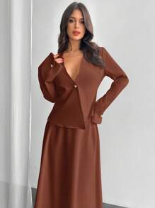 Firerie Solid Color Long Blazer & Flare Skirt Set - Rust Brown - View 7