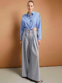 Ontre Áo sơ mi nữ sọc trễ vai dài tay, cài một hàng khuy, thiết kế tối giản, thời trang, phù hợp khi đi làm ở thành phố - Màu xanh lam - Xem 1