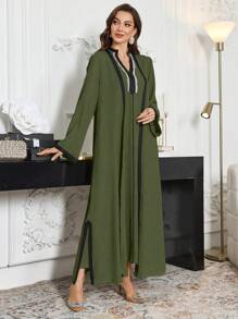 Al Najma Women's Contrast Color Trimmed Long Sleeve Jacket And Casual Dress 2 Pieces Set
