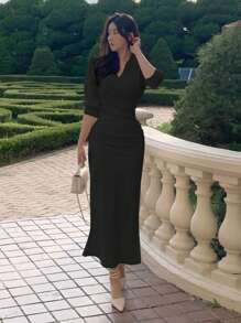 DAZY 女士纯色修身斜领长款连衣裙，春夏优雅吊带衬衫裙 - 黑色 - 查看 3