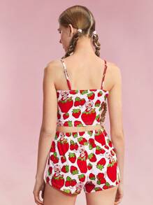Strawberry Shortcake X SHEIN 女士草莓印花吊带上衣和短裤睡衣套装 - 紅色 - 查看 2