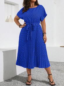 Vionelle 大码圆领短袖全印花休闲前系带连衣裙长款女装 - 寶藍色 - 查看 4