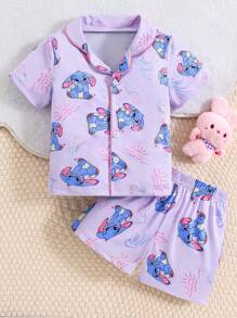 2pcs/Set Girls Cute Cartoon Droopy Ear Rabbit Print Short Sleeve T-Shirt And Shorts Comfy Casual Pajamas Lavender,Summer,Family Matching,Wedding Guest - Purple - View 1