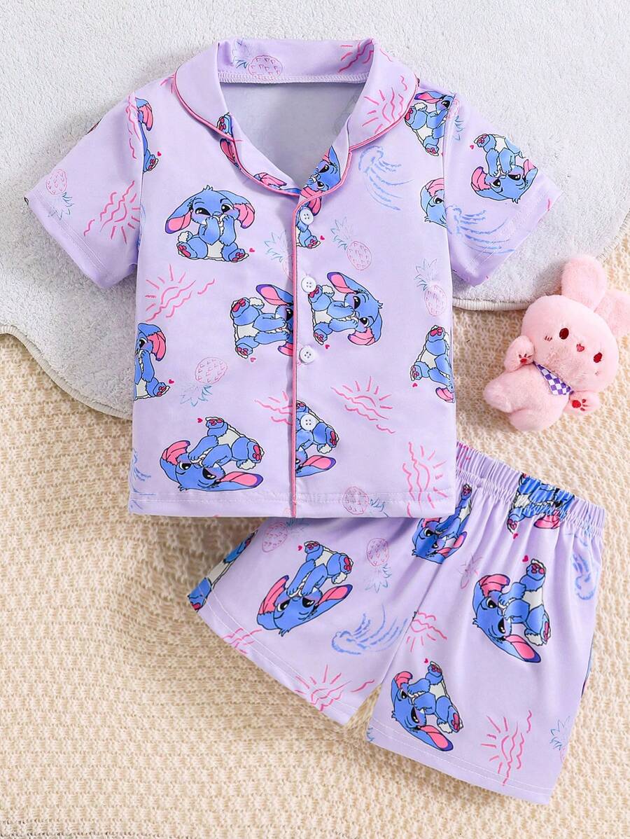 2pcs/Set Girls Cute Cartoon Droopy Ear Rabbit Print Short Sleeve T-Shirt And Shorts Comfy Casual Pajamas Lavender,Summer,Family Matching,Wedding Guest - Purple - View 1
