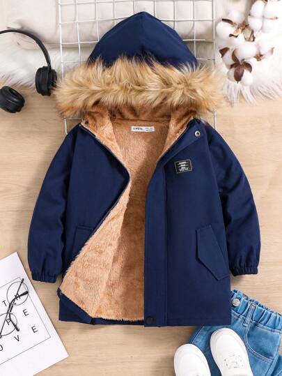 1pc Young Boys Casual Solid Color Warm Thermal Lined Practical Pocket Letter Decoration Fluffy Trim Hooded Long Parka Jacket, Suitable For Back To School, Birthday, Baby Shower, Holiday Party, Fall/Winter