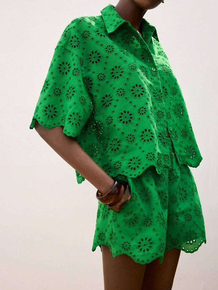 SHEIN Maija 2026 Spring/Summer New Women's Green Hollow Embroidered Fabric Ruffled Hem Bohemian Style Casual Beach Vacation Solid Color Shorts, Suitable For Summer Beach Vacation, Boho Holiday, Music Festival Western Style Casual Holiday Beach Cruise Travel  Romantic, Fashion, Versatile; Suitable For Summer Vacation, Comfortable, Bohemian Style, Beach Wear, Simple Daily Wear, Country Style, Essential, Solid Color, Holiday Casual, Decent, Single Lady,