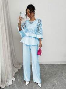 Elenzga Standard Size Women's Round Neck Butterfly Cape Decor Mesh Patchwork Top And Solid Straight Pants Two Pieces Set - Blue - View 3