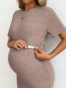 SHEIN 2 件孕妇度假休闲纯色短袖 T 恤和高腰裙套装 - 藕粉色 - 查看 7