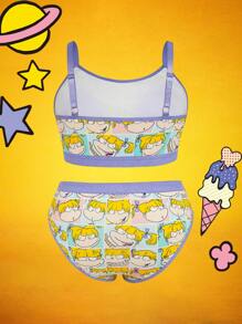 Nick 90s X SHEIN Plus Size Zachte & Schattige Cartoon Patroon Trim Draadloze BH en Slip Lingerie Set