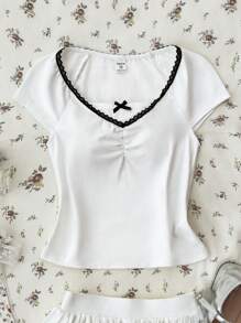 SHEIN Teen Girl Lace Bow Accent Contrast Color Fitted T-Shirt, Sweet Casual School Style Versatile T-Shirt, Comfortable Slim Fit Cute White Top For Summer - White - View 1