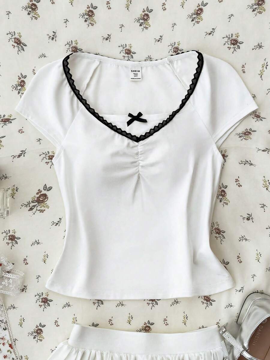 SHEIN Teen Girl Lace Bow Accent Contrast Color Fitted T-Shirt, Sweet Casual School Style Versatile T-Shirt, Comfortable Slim Fit Cute White Top For Summer - White - View 1
