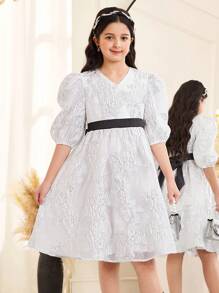 SHEIN Leap Crew Tween Girl 优雅 V 领短袖连衣裙 - 銀色 - 查看 1