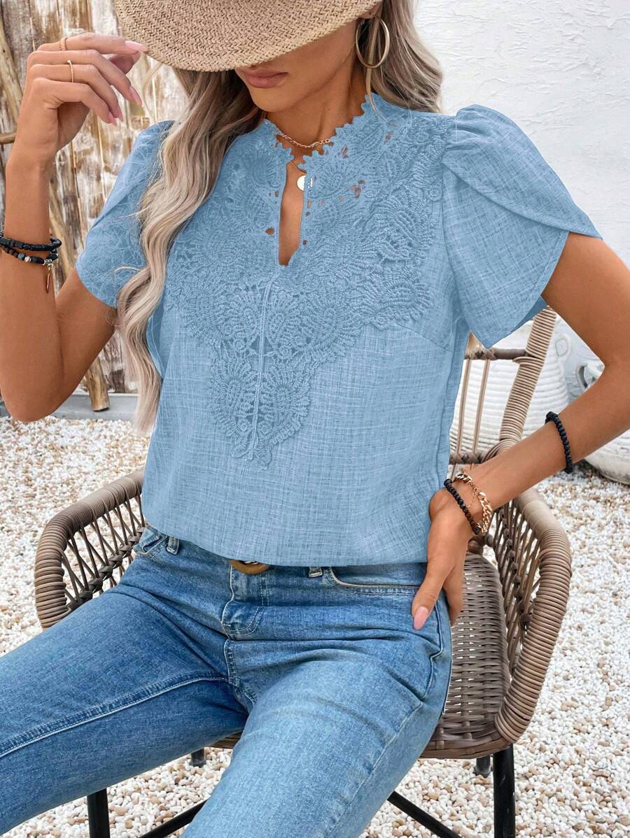 EMERY ROSE Women's Elegant Casual Collar Flower Patchwork Petal Sleeve Shirt