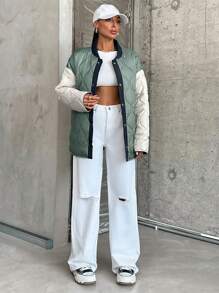 EURMUSE Casual Style, Colour Block Stylish Quilted Coat - Blue - View 6