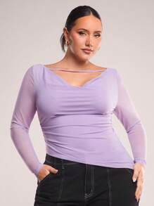 SHEIN BAE Women Plus Size Elegant Sexy Fashion Lavender Color Off Shoulder Hollow Ruched Fitted T-Shirt For Summer Outing