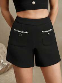Anewsta Pantaloncini eleganti e casual, con taglio ampio, bordati in pizzo, con bottoni, per la primavera/estate, snellenti