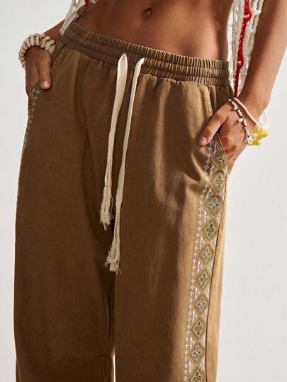 Bohemela 波西米亚风西式纯色编织低腰宽松直筒女式洗水裤