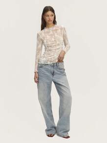 Nöista Soft White Lace Long-Sleeve Top With A Mid-Turtleneck, Side Ruching, And Baby Overlock Finish. Perfect For Summer, Graduation Parties, Easter, Or Everyday Wear. - White - View 8