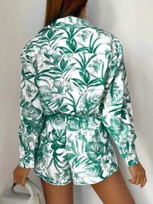 SHEIN Essnce 女士植物印花长袖衬衫和短裤休闲度假服装套装 - 綠色 - 查看 2