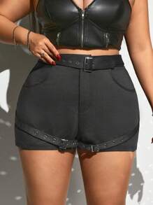SHEIN ICON Plus Size Women Metal Decor Pocket Denim Shorts - Black - View 7