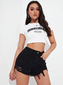 SHEIN EZwear Women's Pocket Distressed Frayed Hem Casual Denim Shorts - Black - View 5