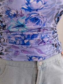 Soleia Plus Size Women's Vacation Leopard Floral Print Halter Neck Blouse, Spring/Summer