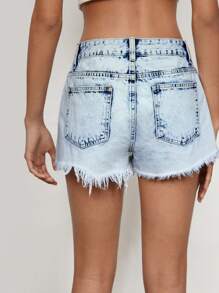 Maija Women's Washed Blue Denim Frayed Hem Shorts - Light Wash - View 2