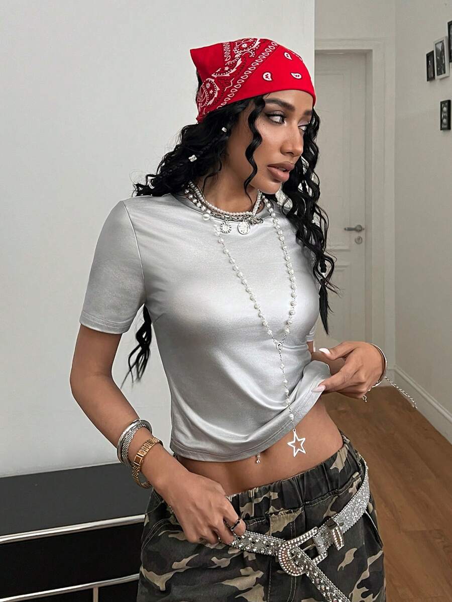 SHEIN EZwear 女士纯色金属饰面圆领短袖时尚 T 恤