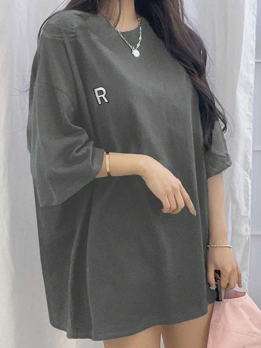 DAZY Áo thun nữ cổ tròn in chữ vai trễ rộng rãi thường ngày mùa hè Áo thun cỡ lớn thời trang học sinh - Xám - Xem 1