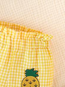 夏季 2 件装女婴休闲格纹上衣，带蝴蝶结肩带和蝴蝶结下摆裙子，带刺绣补丁，可爱装扮 - 黃色 - 查看 5