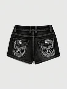 ROMWE Grunge Punk Punk Style Skull Embroidery Skinny Sexy Ultra-Short Denim Shorts - Black - View 6