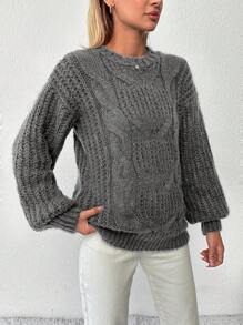 EURMUSE Women's Solid Color Lantern Sleeve Sweater - Brown - View 3