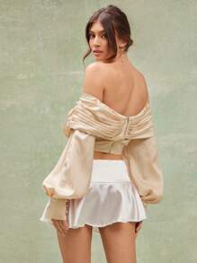 L'Amorae Women's Beige Satin Off Shoulder Pleated Neckline Long Sleeves Top - Apricot - View 2